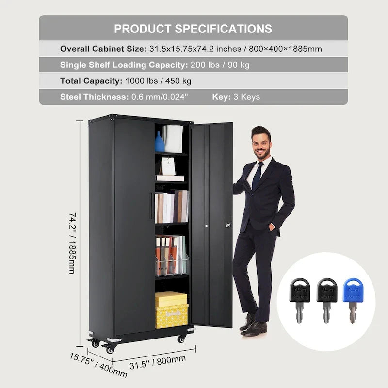 Armoire de rangement métallique verrouillable 75 pouces avec 4 étagères réglables et 2 portes magnétiques