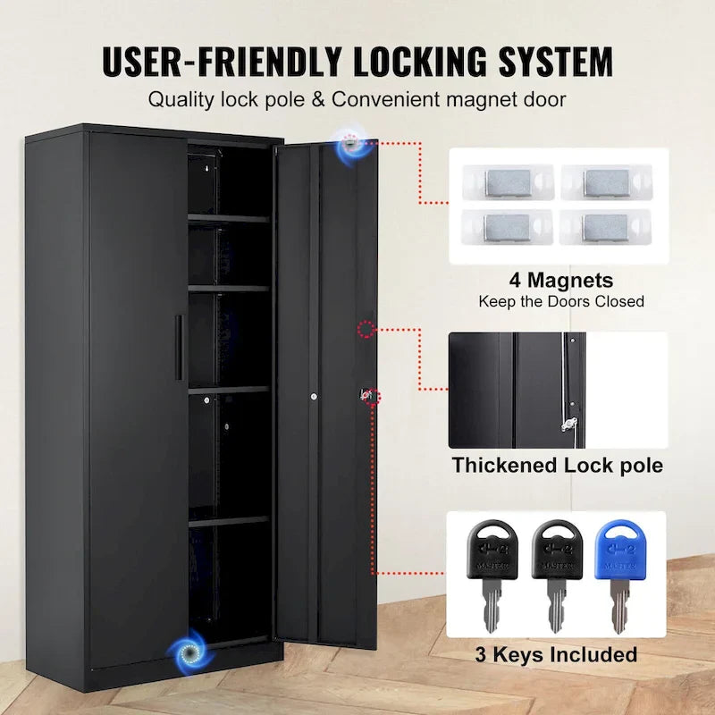 Armoire de rangement métallique verrouillable 75 pouces avec 4 étagères réglables et 2 portes magnétiques