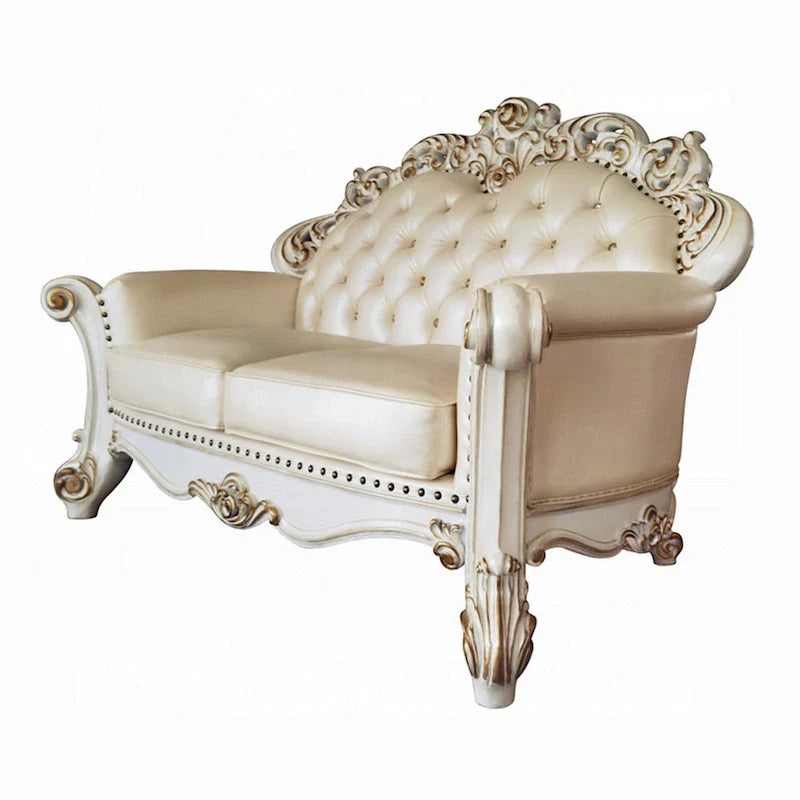 Causeuse Antoine, sculptée, simili-cuir champagne, blanc nacré 70 pouces