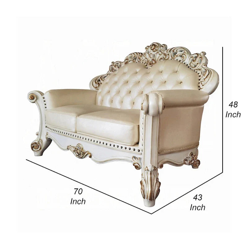 Causeuse Antoine, sculptée, simili-cuir champagne, blanc nacré 70 pouces