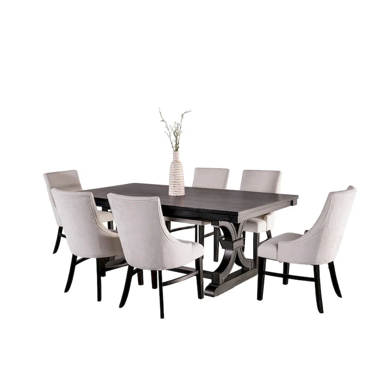 Table de salle à manger Luke 7 pièces avec 6 chaises à dossier haut, rectangulaire, noir, beige