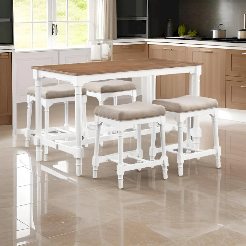 Ensemble de table à hauteur de comptoir Hima 5 pièces avec 4 tabourets, tissu beige, blanc