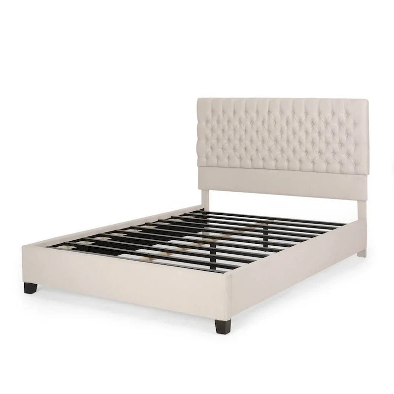 Lit plateforme queen Amare, polyester blanc cassé, capitonnage à boutons