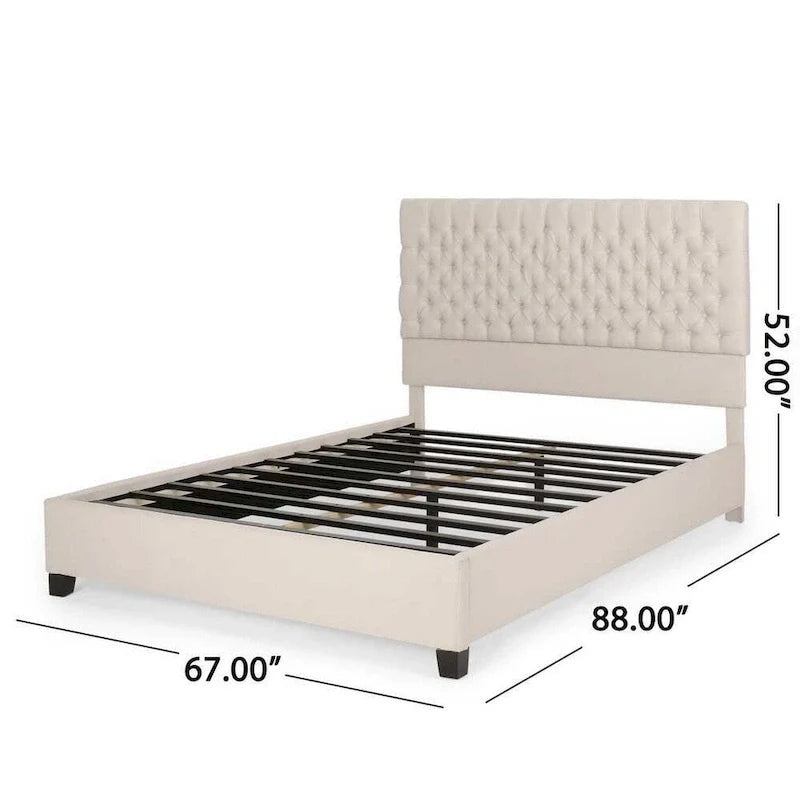 Lit plateforme queen Amare, polyester blanc cassé, capitonnage à boutons
