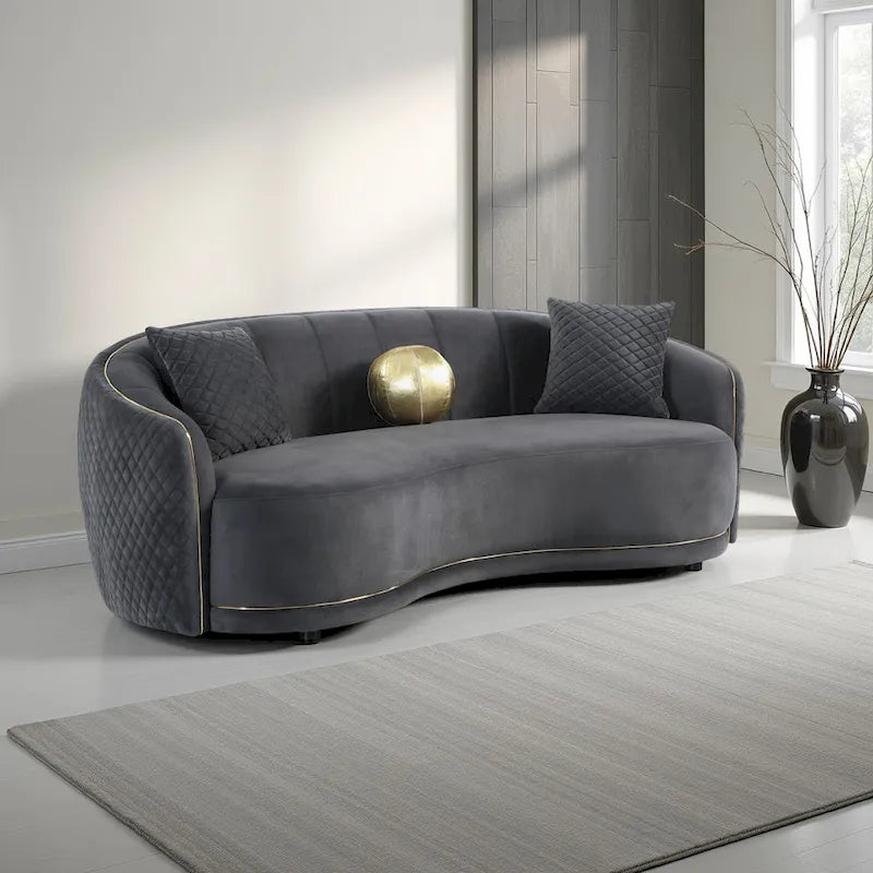 Canapé incurvé Buo, 233 cm, polyester gris foncé, passepoil doré, 3 coussins