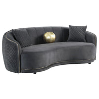 Canapé incurvé Buo, 233 cm, polyester gris foncé, passepoil doré, 3 coussins