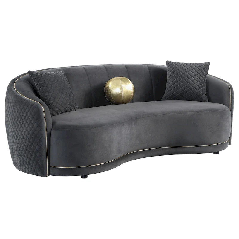 Canapé incurvé Buo, 233 cm, polyester gris foncé, passepoil doré, 3 coussins