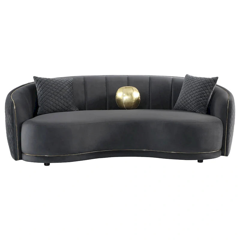 Canapé incurvé Buo, 233 cm, polyester gris foncé, passepoil doré, 3 coussins