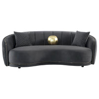 Canapé incurvé Buo, 233 cm, polyester gris foncé, passepoil doré, 3 coussins