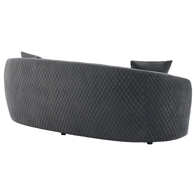 Canapé incurvé Buo, 233 cm, polyester gris foncé, passepoil doré, 3 coussins