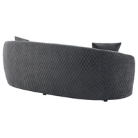 Canapé incurvé Buo, 233 cm, polyester gris foncé, passepoil doré, 3 coussins