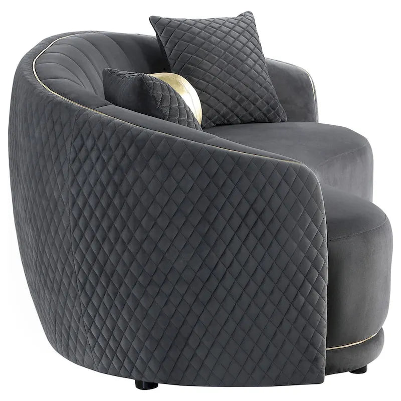 Canapé incurvé Buo, 233 cm, polyester gris foncé, passepoil doré, 3 coussins
