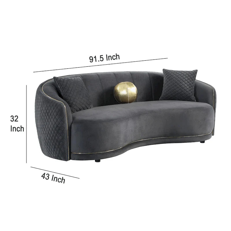 Canapé incurvé Buo, 233 cm, polyester gris foncé, passepoil doré, 3 coussins