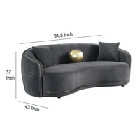 Canapé incurvé Buo, 233 cm, polyester gris foncé, passepoil doré, 3 coussins
