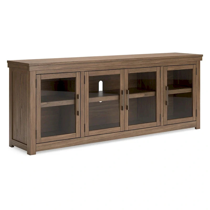 Console multimédia TV Olaf, 4 portes vitrées, étagères, bois marron 85 pouces