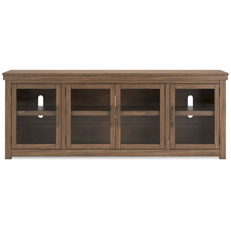 Console multimédia TV Olaf, 4 portes vitrées, étagères, bois marron 85 pouces