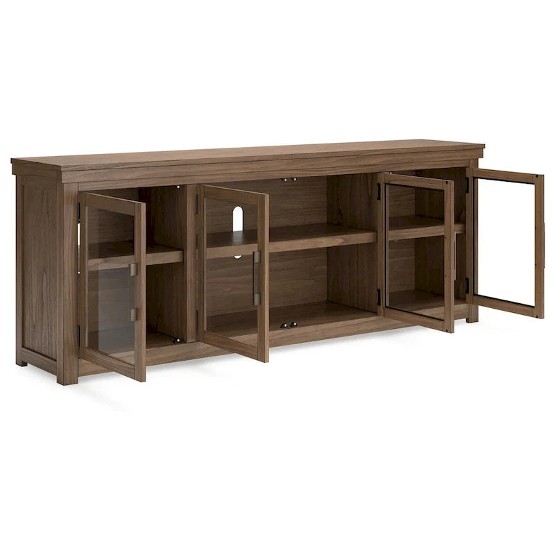 Console multimédia TV Olaf, 4 portes vitrées, étagères, bois marron 85 pouces