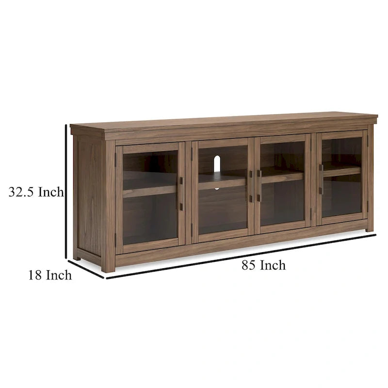 Console multimédia TV Olaf, 4 portes vitrées, étagères, bois marron 85 pouces