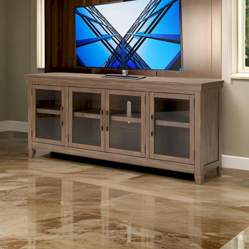 Console multimédia TV Olaf, 4 portes vitrées, étagères, bois marron 85 pouces
