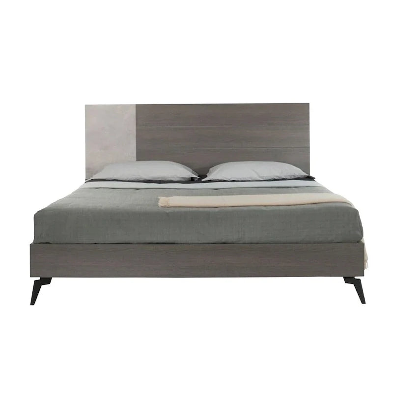 Lit plateforme Leen King Size, pieds en métal noir, tête de lit à panneaux gris