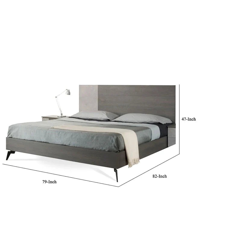 Lit plateforme Leen King Size, pieds en métal noir, tête de lit à panneaux gris