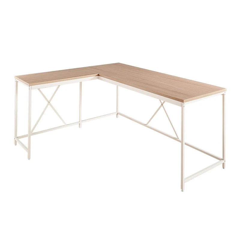 Bureau d'angle Posy, cadre métallique blanc en L, traverses en X, plateau en bois chêne brun