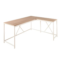 Bureau d'angle Posy, cadre métallique blanc en L, traverses en X, plateau en bois chêne brun