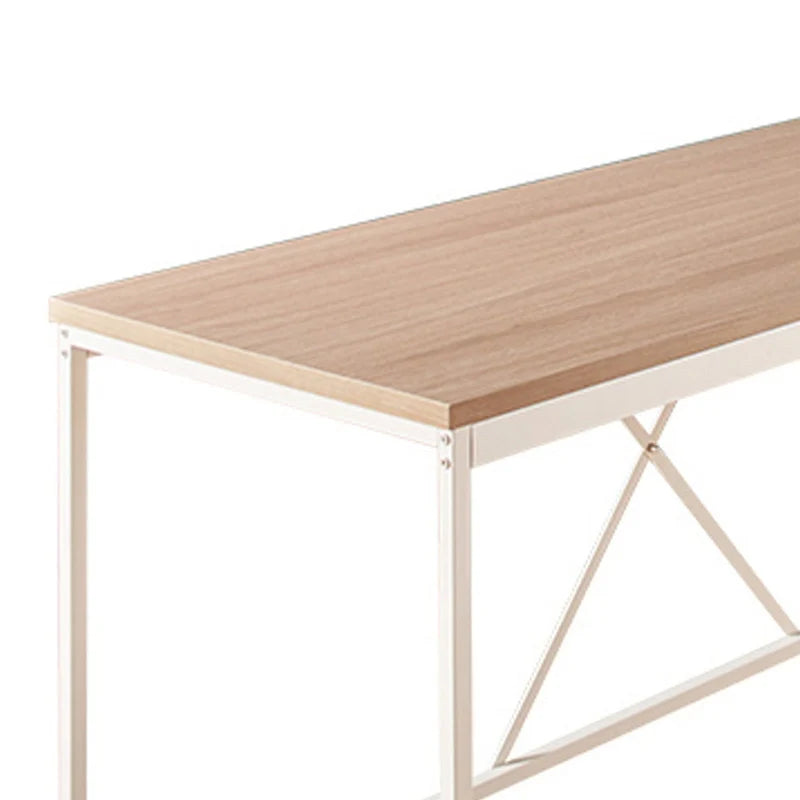 Bureau d'angle Posy, cadre métallique blanc en L, traverses en X, plateau en bois chêne brun