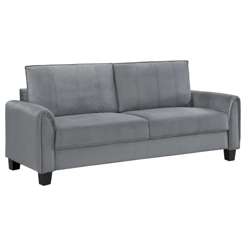 Canapé Dave, tissu gris, accoudoirs arrondis, pieds coniques noirs, 203 cm