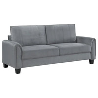 Canapé Dave, tissu gris, accoudoirs arrondis, pieds coniques noirs, 203 cm