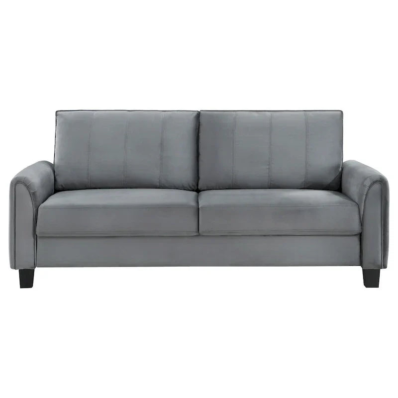 Canapé Dave, tissu gris, accoudoirs arrondis, pieds coniques noirs, 203 cm