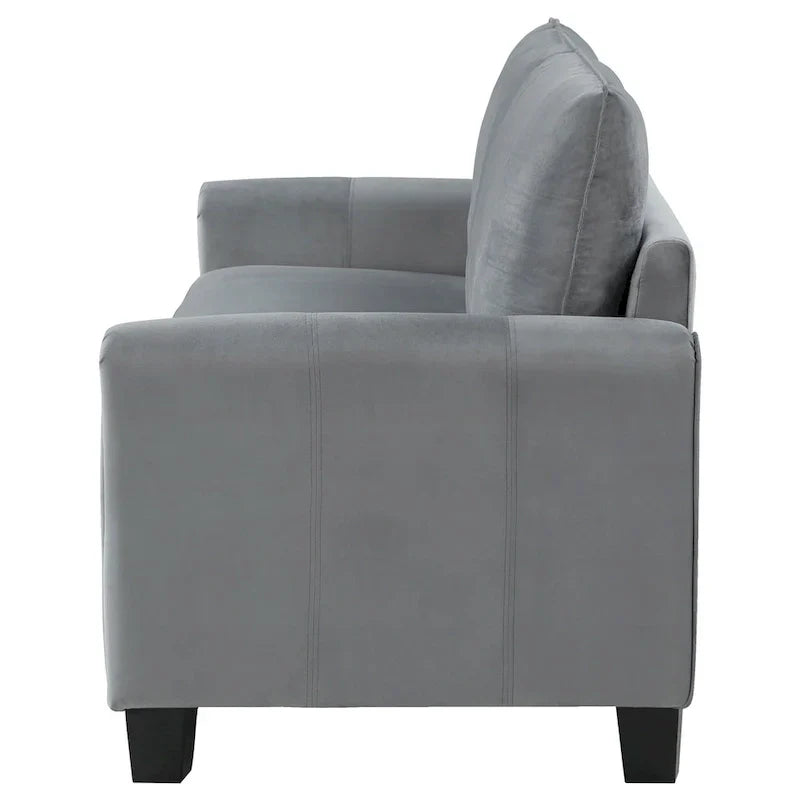 Canapé Dave, tissu gris, accoudoirs arrondis, pieds coniques noirs, 203 cm