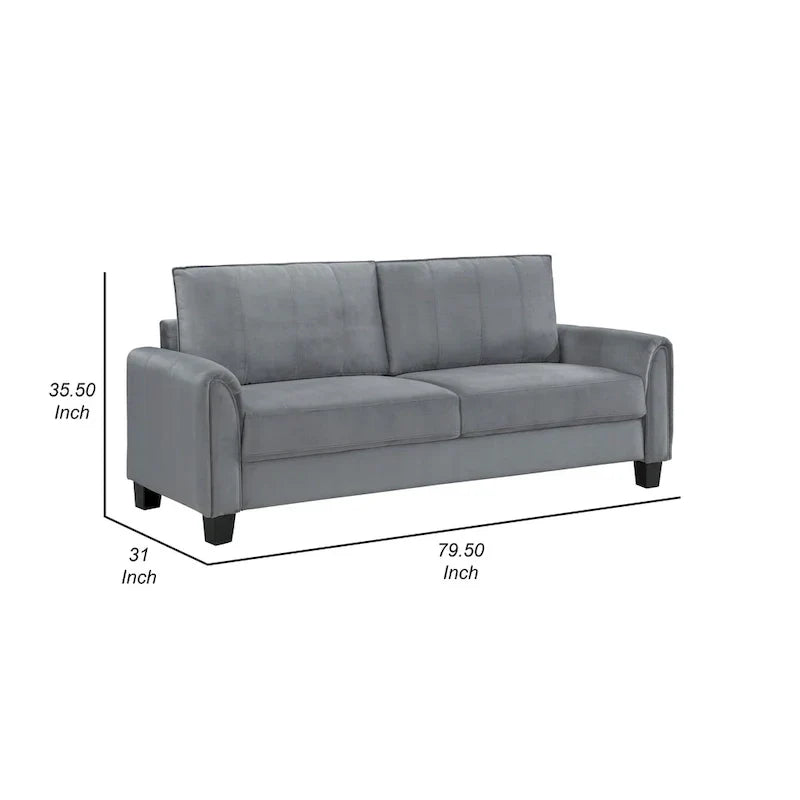 Canapé Dave, tissu gris, accoudoirs arrondis, pieds coniques noirs, 203 cm