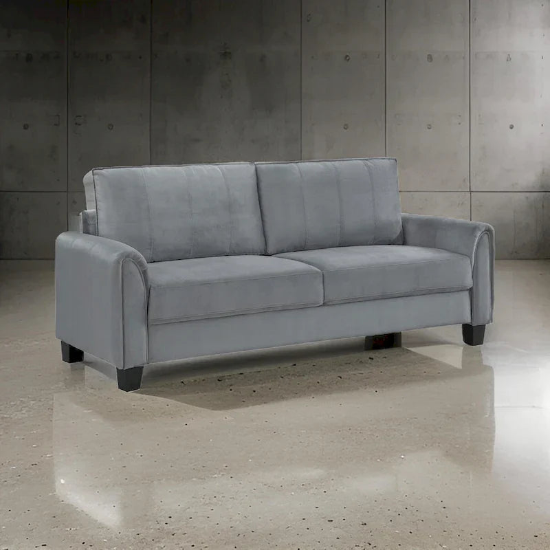 Canapé Dave, tissu gris, accoudoirs arrondis, pieds coniques noirs, 203 cm