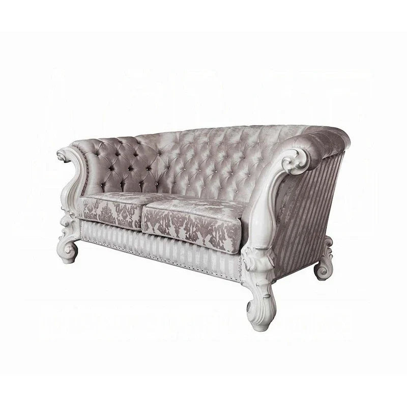Causeuse Kai, 5 oreillers, tissu ivoire capitonné, volutes, blanc, 76 pouces