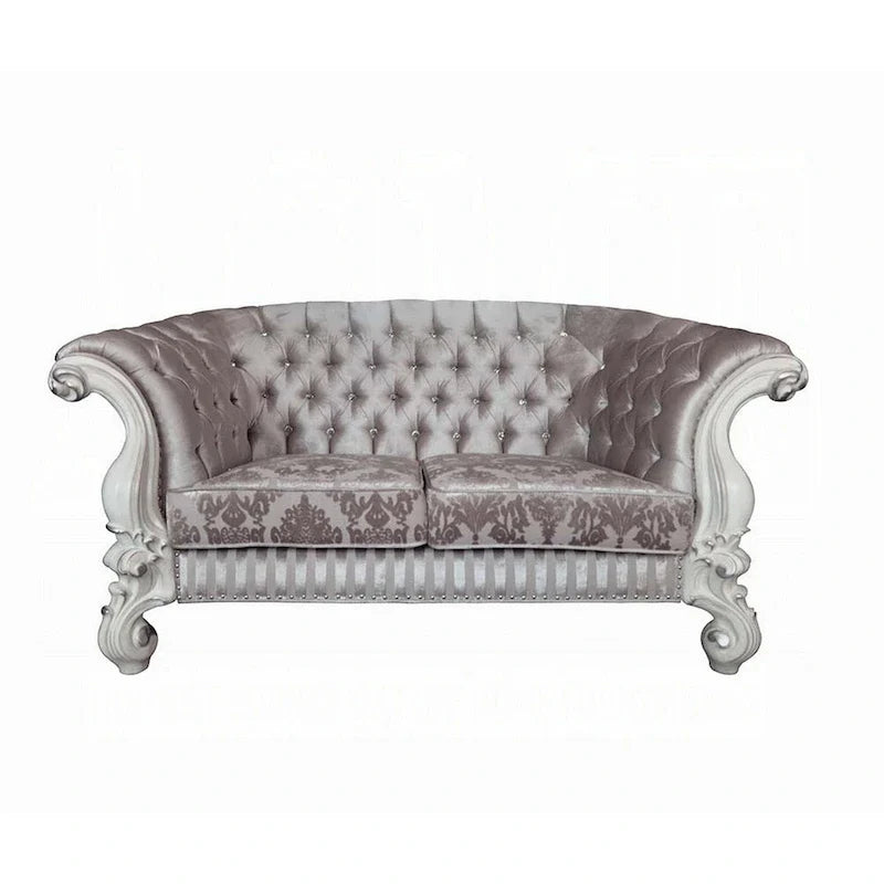 Causeuse Kai, 5 oreillers, tissu ivoire capitonné, volutes, blanc, 76 pouces