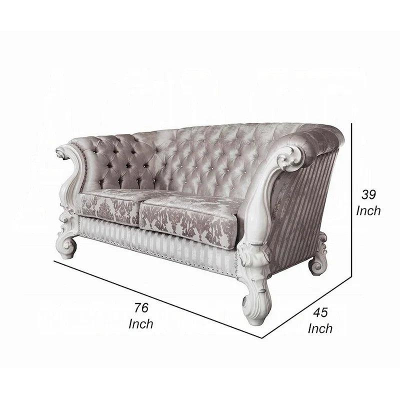 Causeuse Kai, 5 oreillers, tissu ivoire capitonné, volutes, blanc, 76 pouces