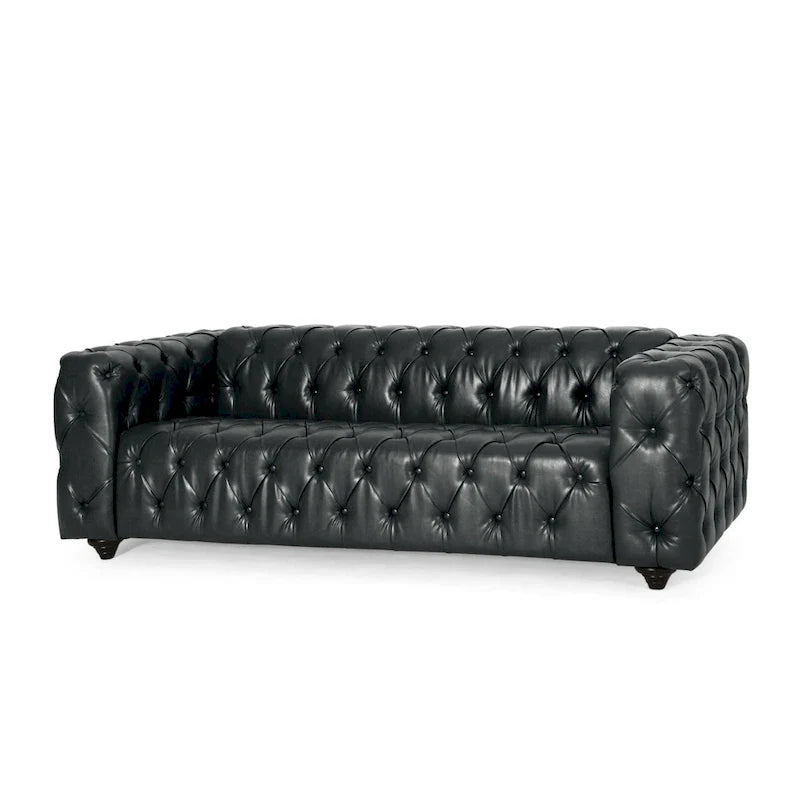 Canapé Arlo, revêtement en similicuir noir capitonné Chesterfield, bois, 213 cm