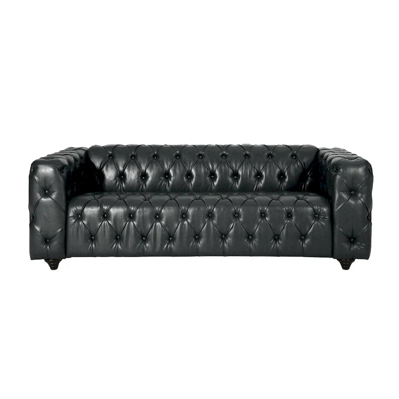 Canapé Arlo, revêtement en similicuir noir capitonné Chesterfield, bois, 213 cm