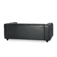 Canapé Arlo, revêtement en similicuir noir capitonné Chesterfield, bois, 213 cm