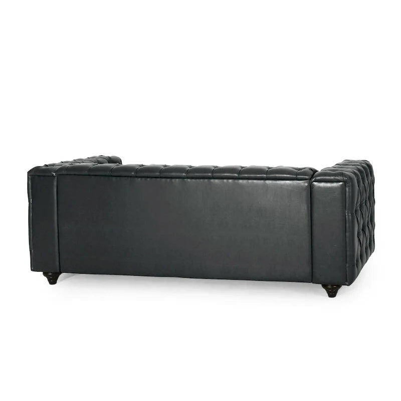 Canapé Arlo, revêtement en similicuir noir capitonné Chesterfield, bois, 213 cm