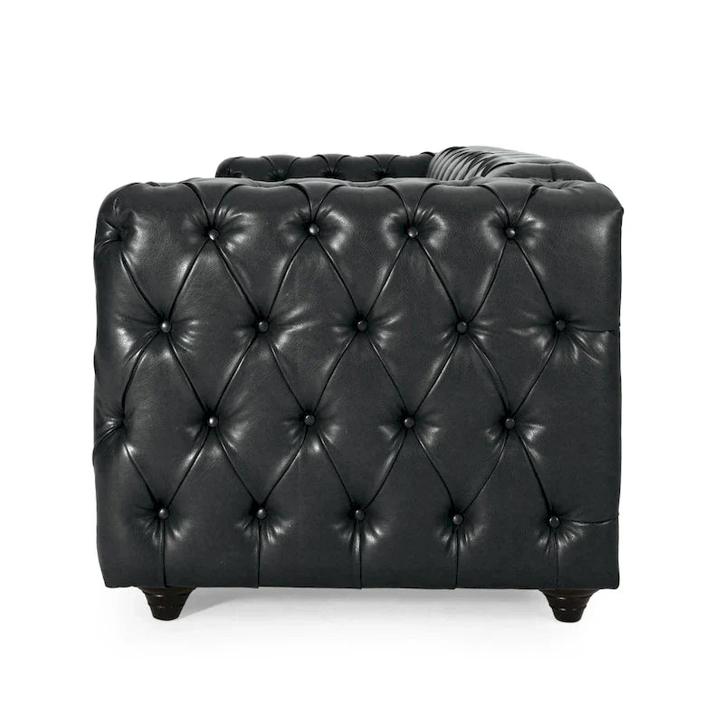 Canapé Arlo, revêtement en similicuir noir capitonné Chesterfield, bois, 213 cm