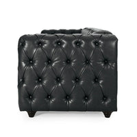 Canapé Arlo, revêtement en similicuir noir capitonné Chesterfield, bois, 213 cm