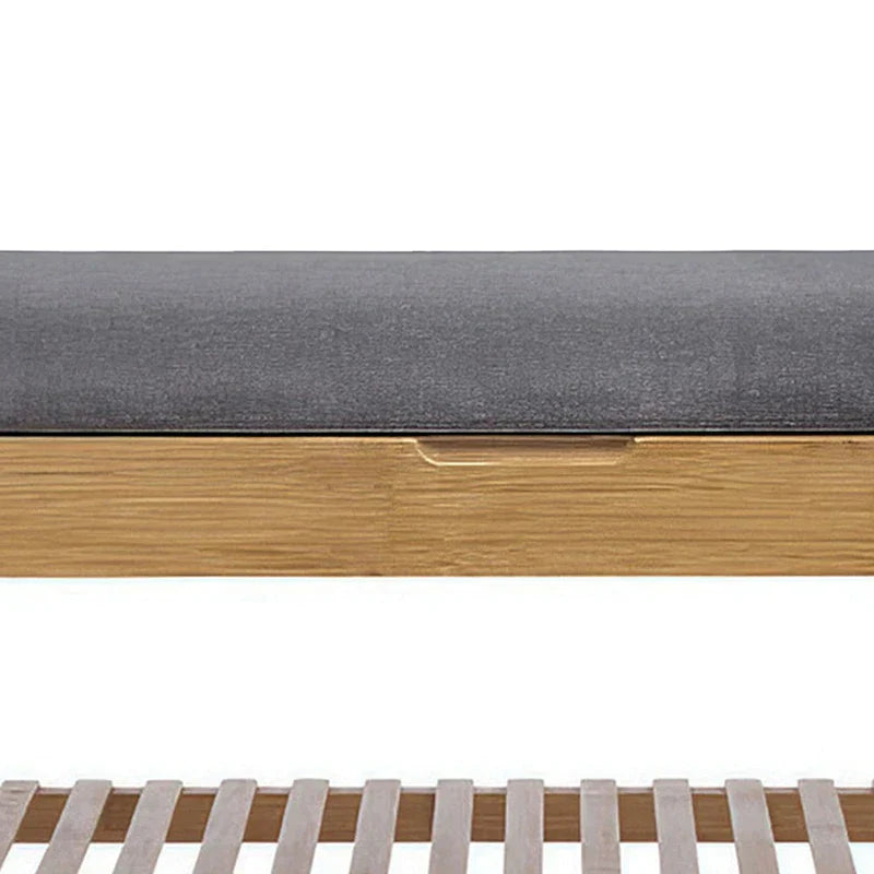 Banc de rangement pour chaussures Mindy, siège en polyester gris, bambou marron noyer, 91 cm