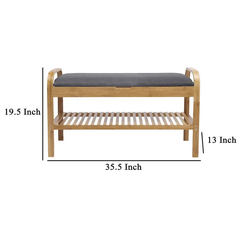 Banc de rangement pour chaussures Mindy, siège en polyester gris, bambou marron noyer, 91 cm