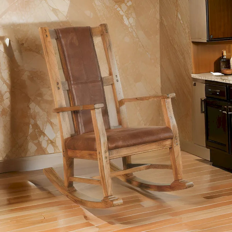Marv Fauteuil à bascule avec assise et dossier en similicuir, chêne rustique brun