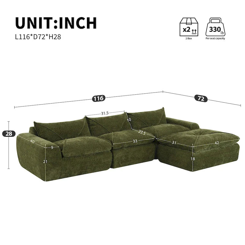 116-Canapé d'angle moderne en chenille avec mousse haute densité, aucun assemblage requis