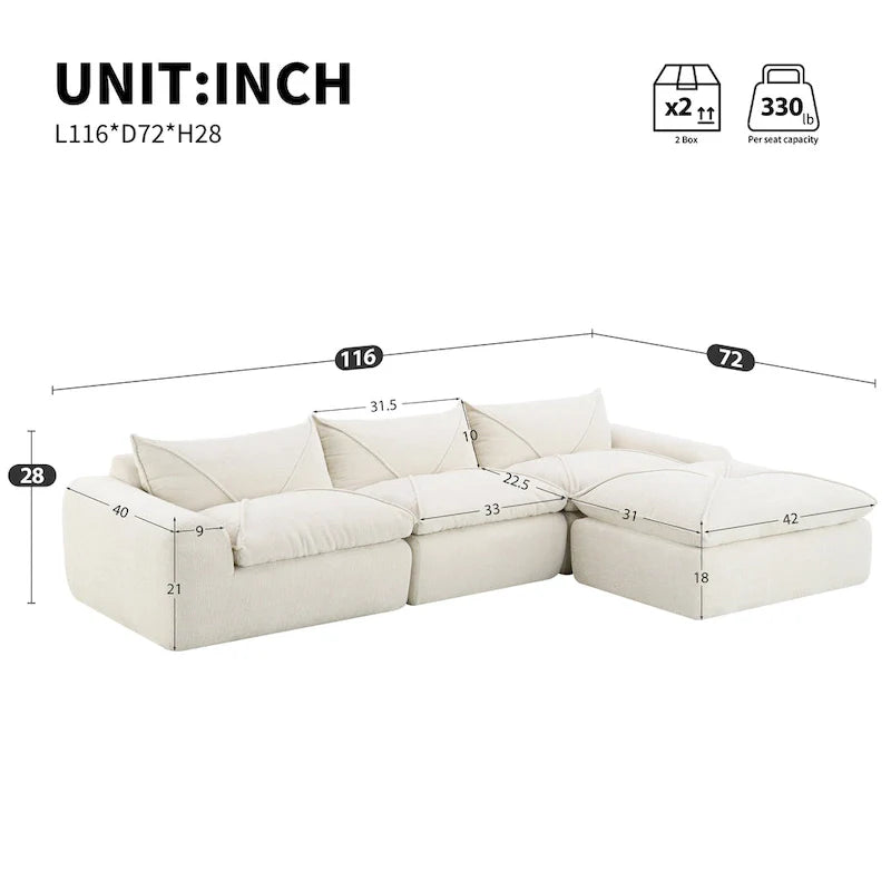 116-Canapé d'angle moderne en chenille avec mousse haute densité, aucun assemblage requis