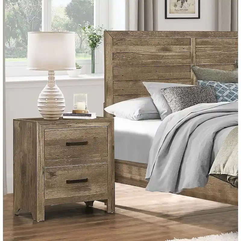 Table de chevet transitionnelle en bois massif, armoire de rangement avec poignées de tiroir en nickel, table d'appoint d'entrée avec dessus en bois