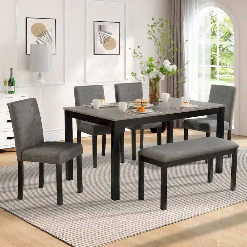Ensemble de salle à manger 6 pièces, ensemble de salle à manger en bois avec table à manger rectangulaire, banc et 4 chaises rembourrées